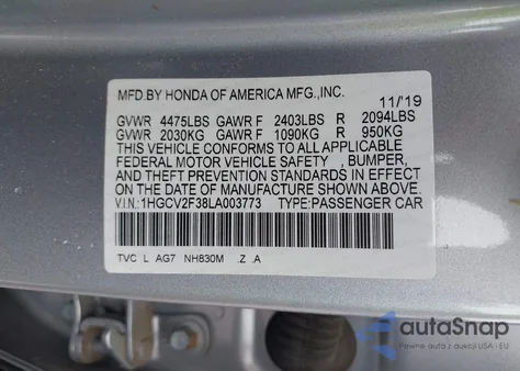 2020 Honda Accord Sport 2.0T from USA, damaged, VIN 1HGCV2F38LA003773